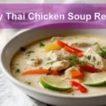 Easy Thai Chicken Soup Recipe creamy coconut broth with chicken pieces colourful peppers and lime
