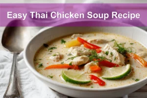 Easy Thai Chicken Soup Recipe creamy coconut broth with chicken pieces colourful peppers and lime