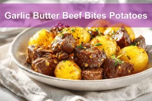 Garlic Butter Beef Bites Potatoes plated with roasted baby potatoes and garlic butter glaze