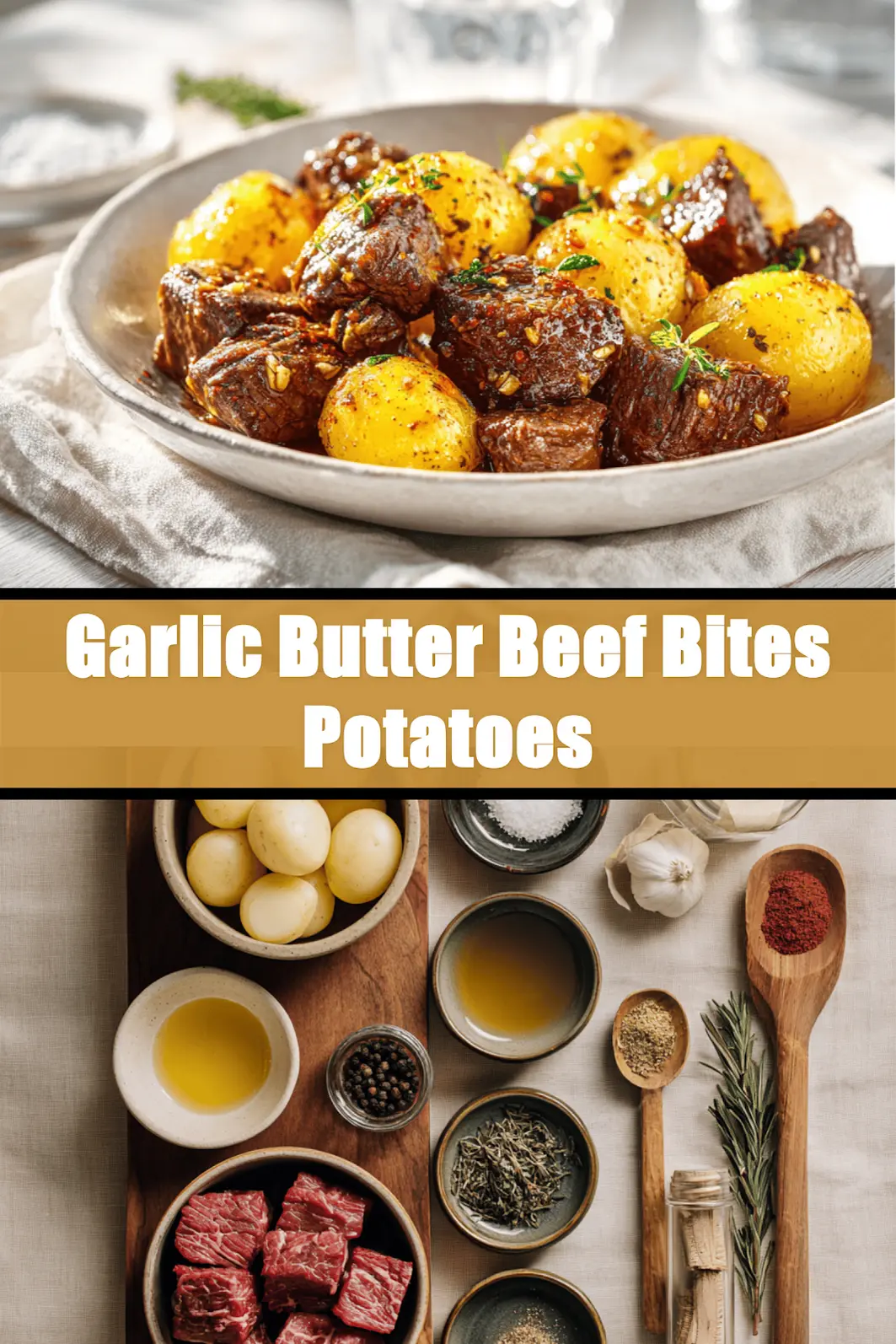 Garlic Butter Beef Bites Potatoes plated with roasted baby potatoes and garlic butter glaze_pin