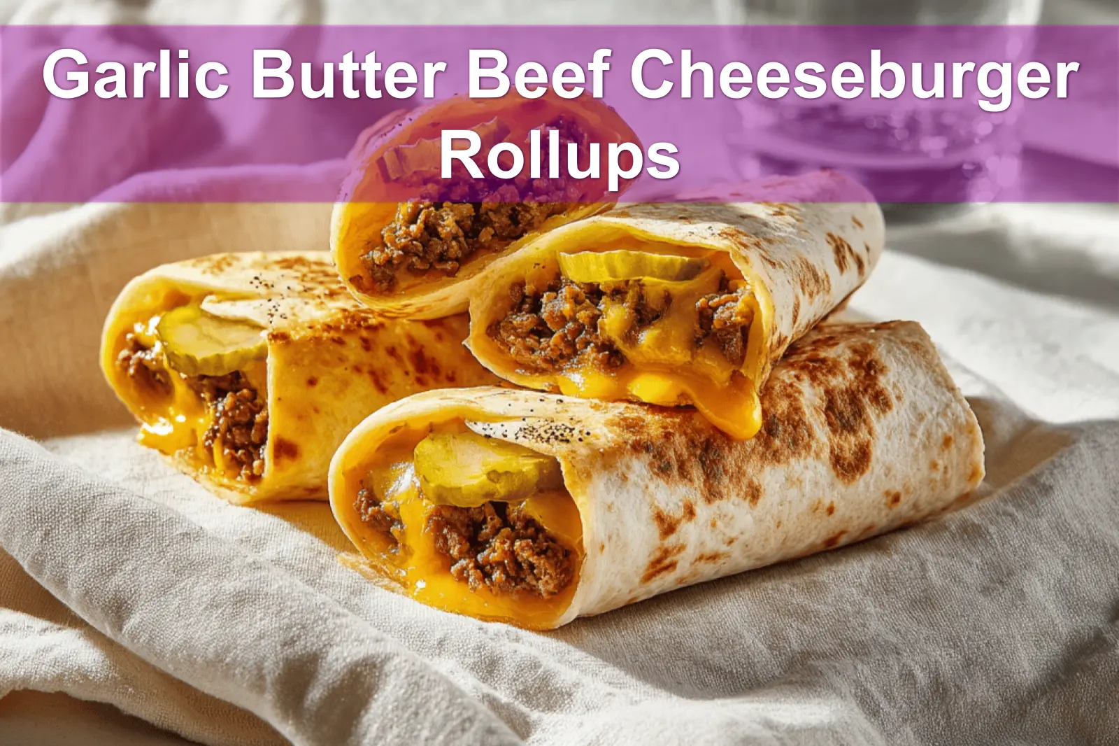 Garlic Butter Beef Cheeseburger Rollups on white napkin with melted cheese and pickles