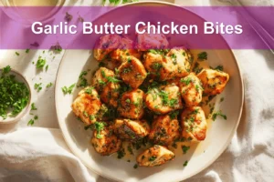 Garlic Butter Chicken Bites plated beautifully, garnished with parsley, and paired with a clear water glass