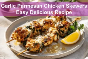 Garlic Parmesan Chicken Skewers Easy Delicious Recipe plated skewers with cheese herbs and lemon