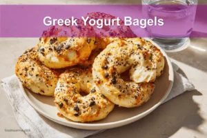 Golden-brown Greek Yogurt Bagels with seasoning, soft interior, and melted ingredients on a bright setup.