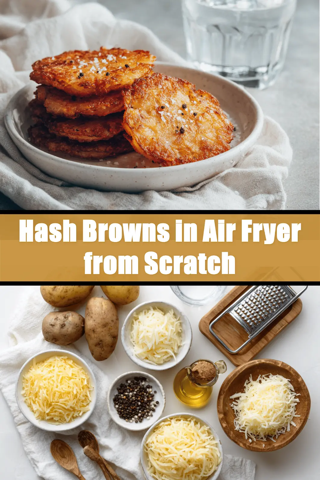 Hash Browns in Air Fryer from Scratch golden crisp russet potatoes plated with sea salt crystals_pin