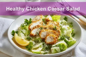 Healthy Chicken Caesar Salad with breaded chicken pieces panko crumbs romaine lettuce and spicy honey drizzle