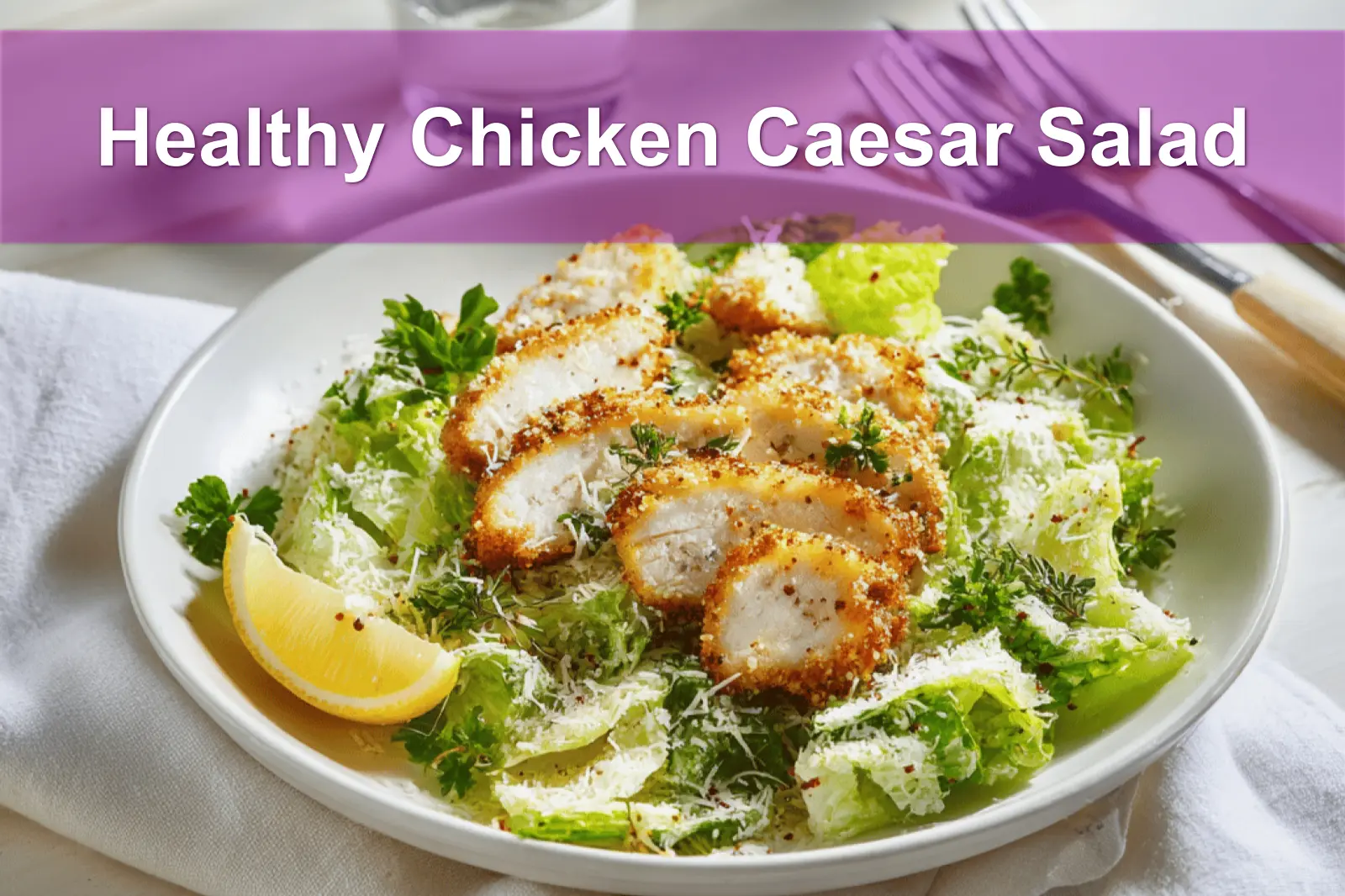 Healthy Chicken Caesar Salad with breaded chicken pieces panko crumbs romaine lettuce and spicy honey drizzle