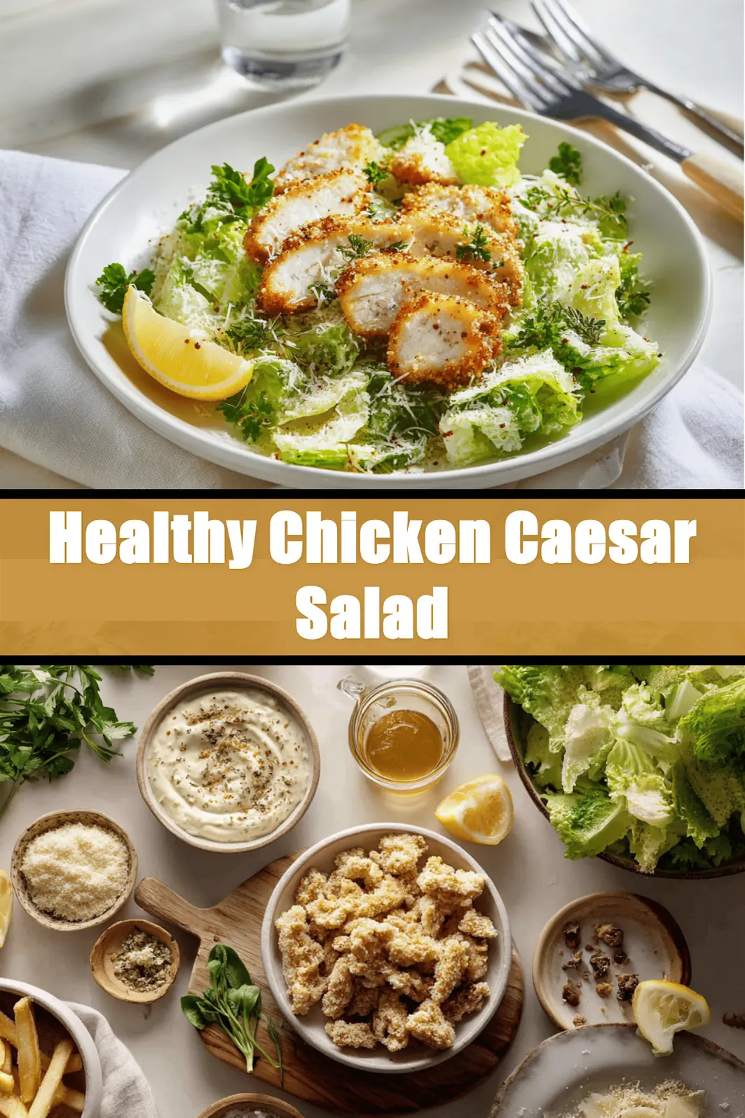 Healthy Chicken Caesar Salad: Delicious & Nutritious! 6 Healthy Chicken Caesar Salad with breaded chicken pieces panko crumbs romaine lettuce and spicy honey drizzle_pin