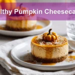 Healthy Pumpkin Cheesecakes styled on a white napkin with water glass in warm lighting