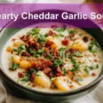 Hearty Cheddar Garlic Soup in a cozy, rustic setting with warm, appetizing tones.