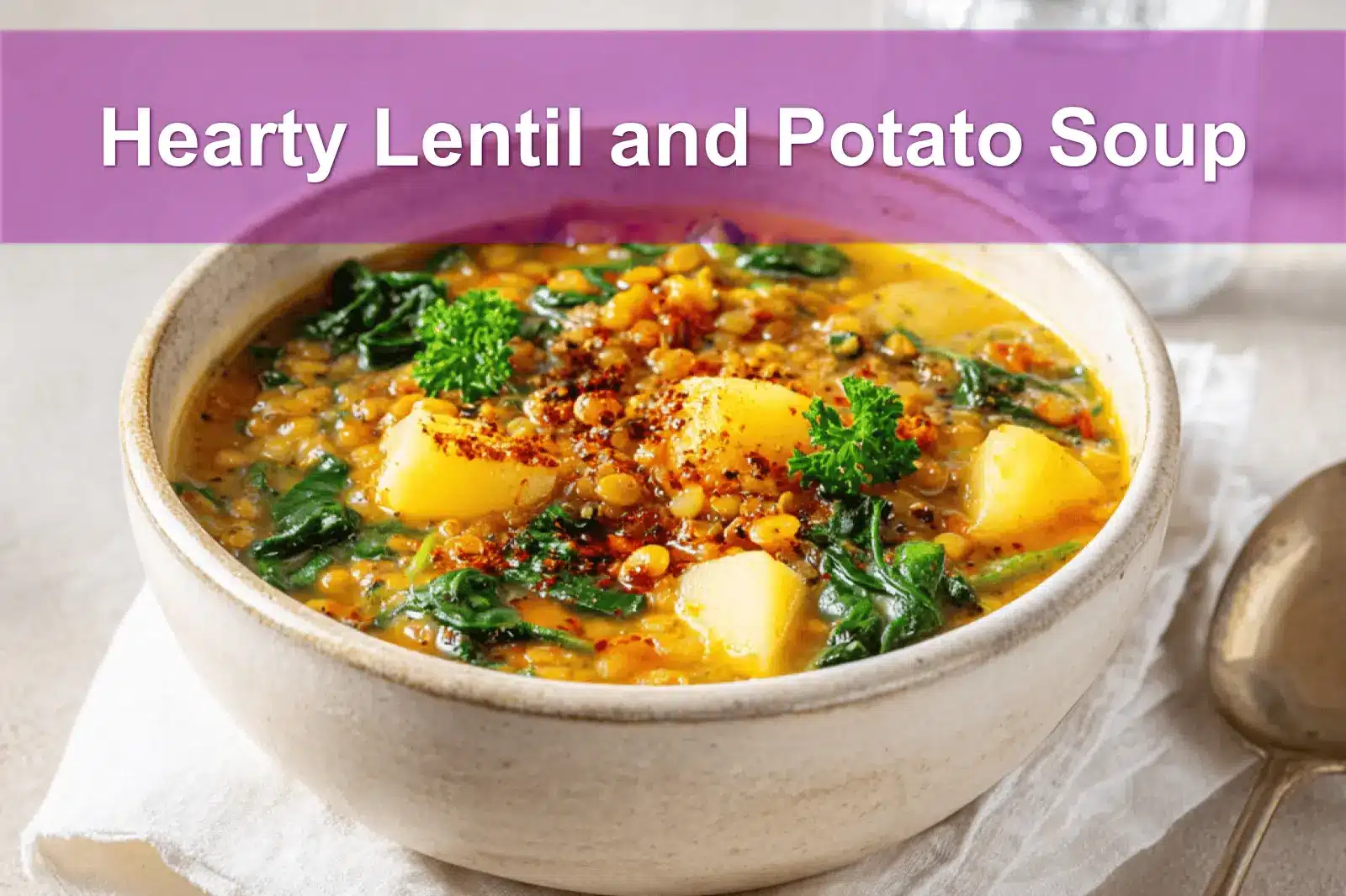 Hearty Lentil and Potato Soup styled for a cozy and inviting presentation