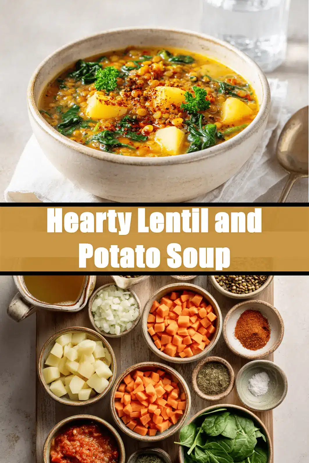 Hearty Lentil and Potato Soup styled for a cozy and inviting presentation_pin