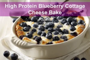 High Protein Blueberry Cottage Cheese Bake plated on white cloth with fresh blueberries and graham crumbs