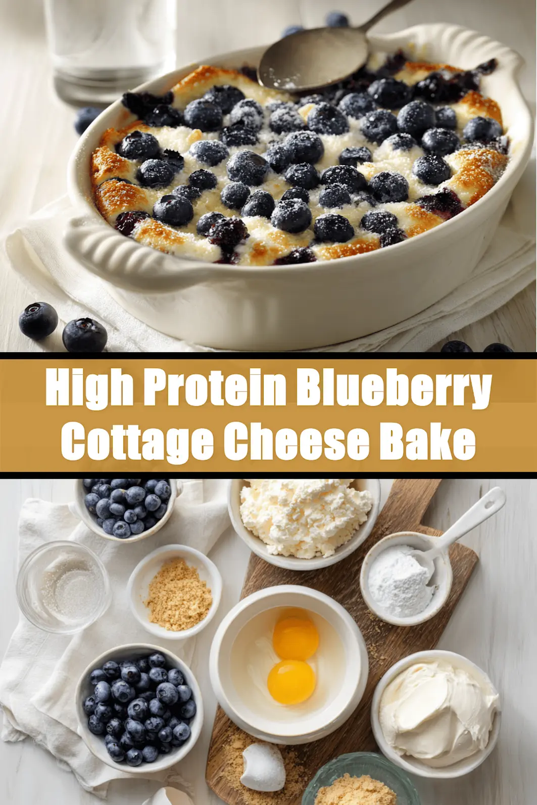 High Protein Blueberry Cottage Cheese Bake plated on white cloth with fresh blueberries and graham crumbs_pin