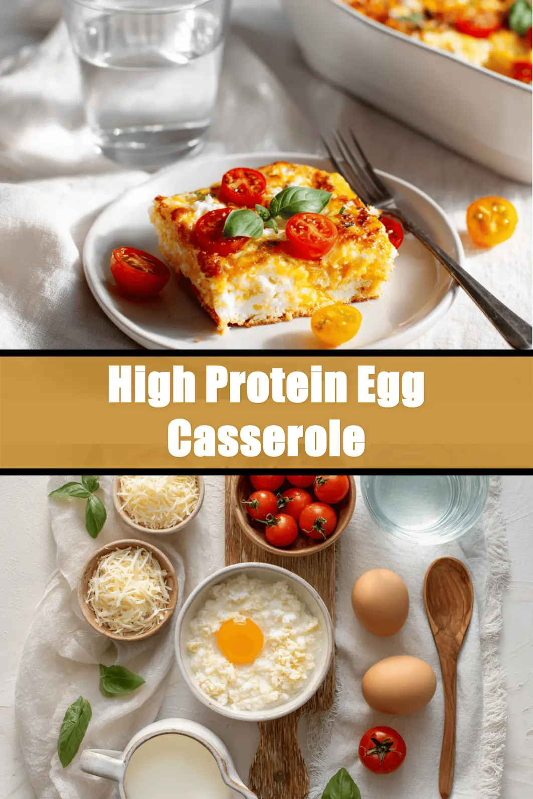High Protein Egg Casserole golden baked with cherry tomatoes and basil in warm natural light_pin