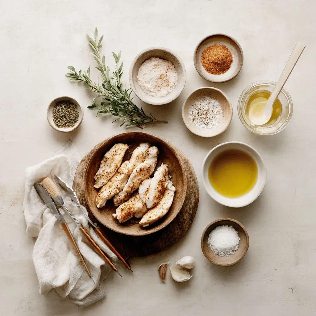 Air Fryer Chicken Tenderloins plated on white cloth napkin with clear glass of water and herbs