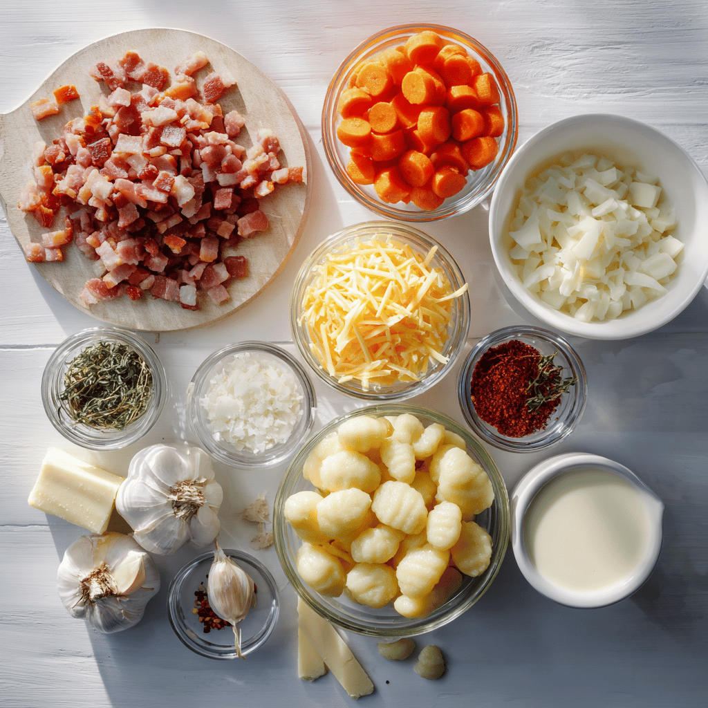 Cucumber Caprese Salad: Fresh & Healthy Summer Recipe 4 Bacon Cheddar Gnocchi Soup ingredients, bacon, gnocchi, cheese, cream, vegetables, flat-lay arrangement.