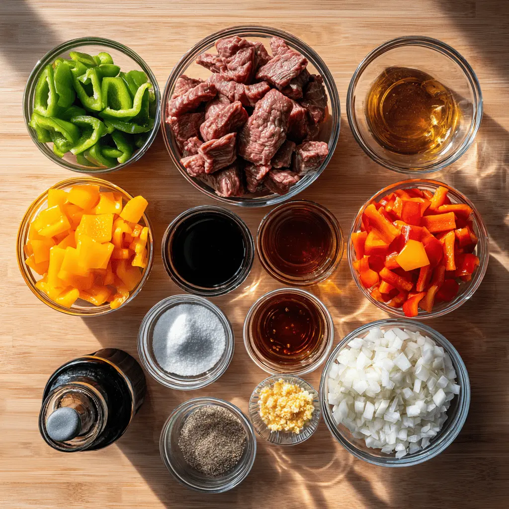 Black Pepper Beef dish with colorful peppers and glass of water