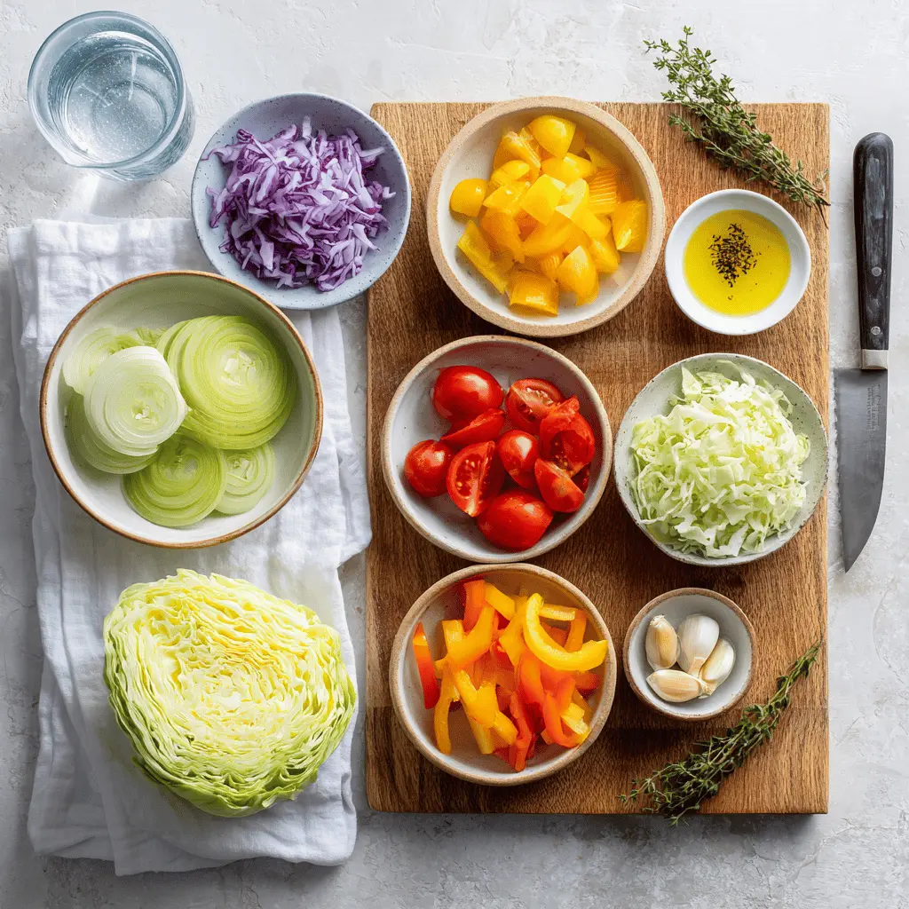 Cabbage Soup Diet Effective Weight Loss Recipe hearty bowl on white cloth with clear glass of water
