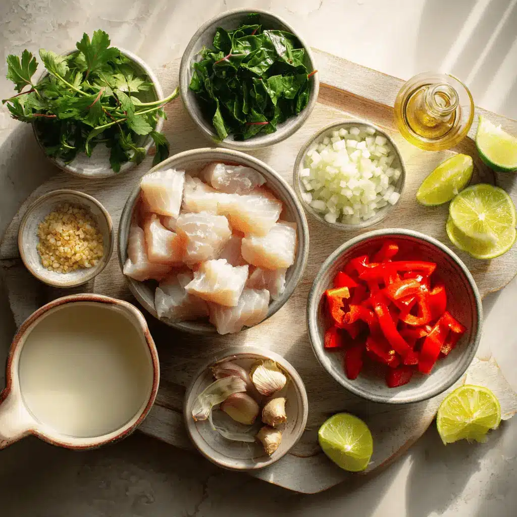 Coconut Lime Fish Soup on a white napkin with limes and herbs, warm and appetizing tones