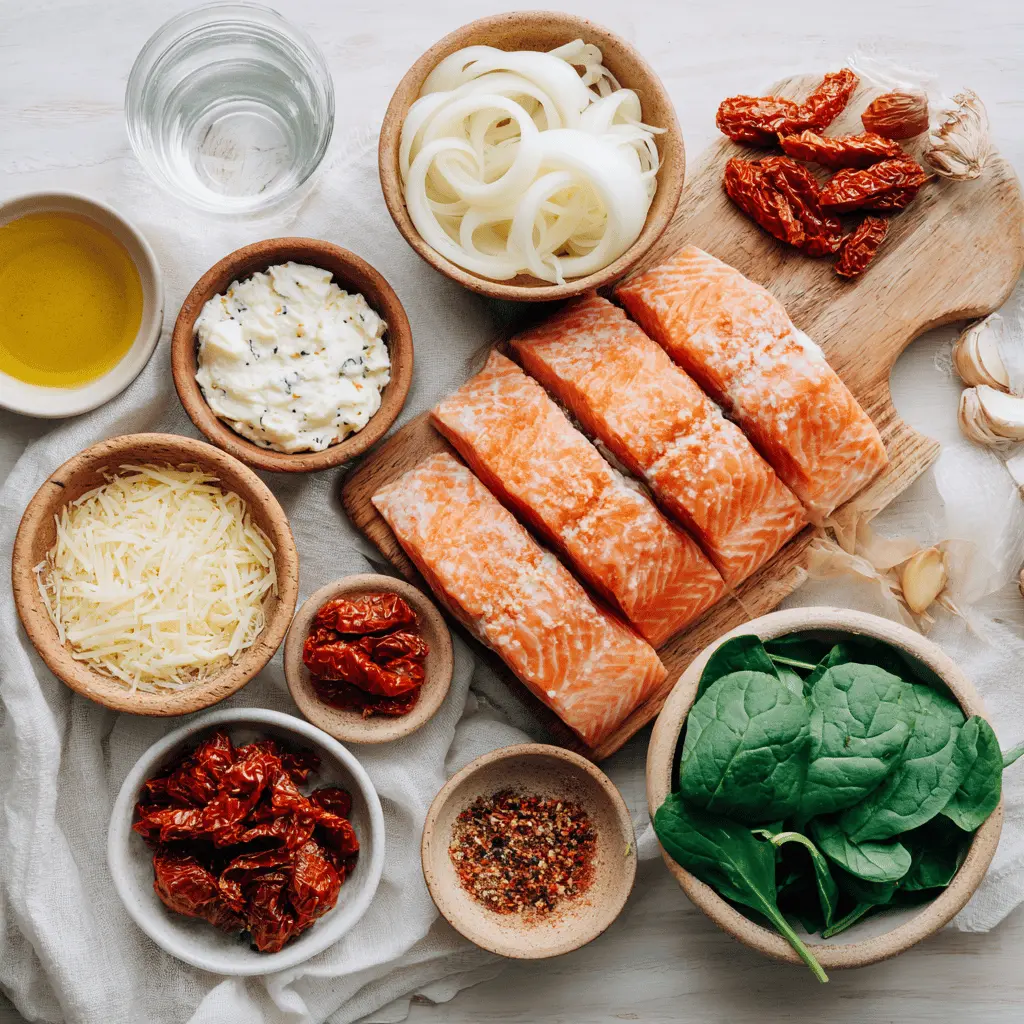 Creamy Tuscan Salmon plated with sun dried tomatoes spinach and creamy white sauce