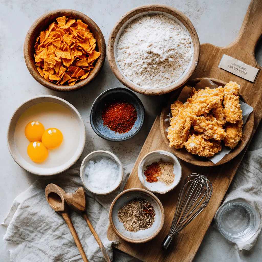 Dorito Chicken Tenders Crispy and Flavorful Recipe golden crispy Dorito coated chicken pieces on white napkin