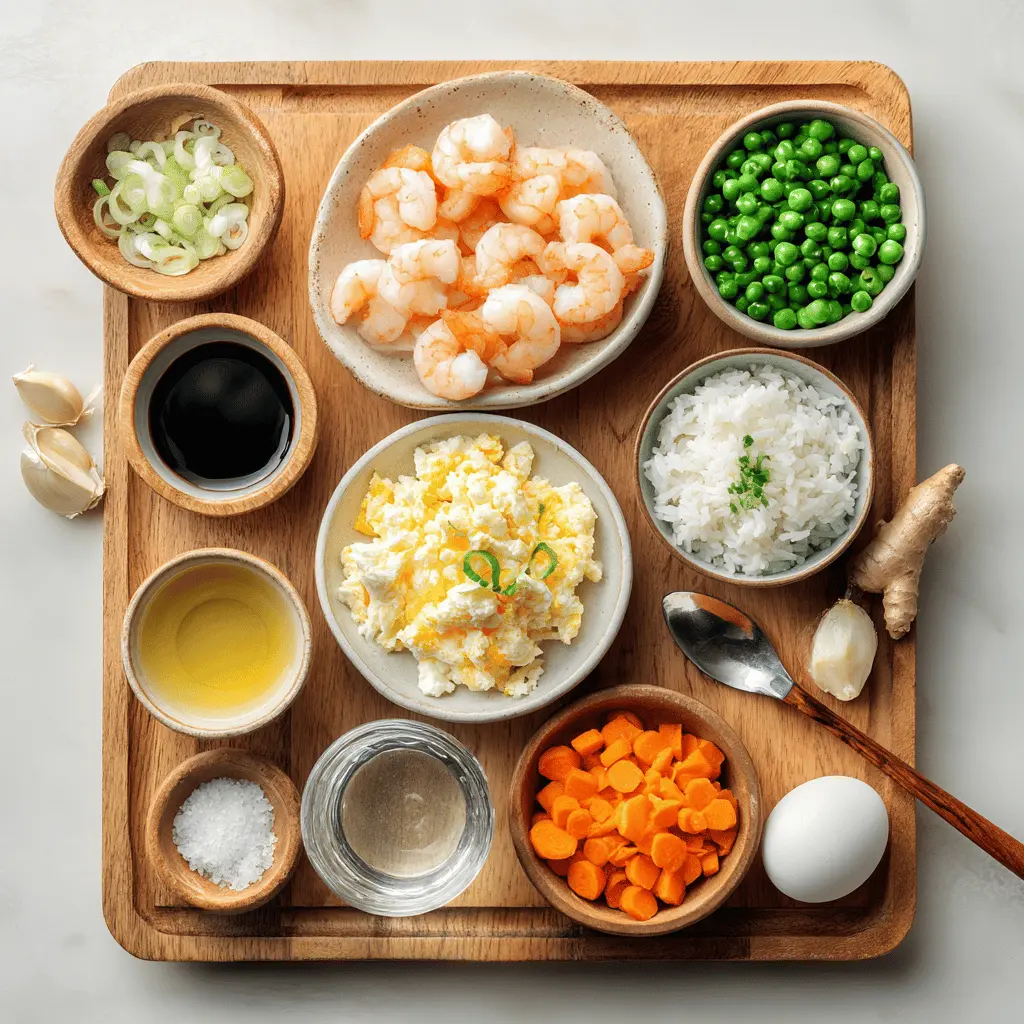 Easy Shrimp Fried Rice plated on white napkin with glass of water warm natural light