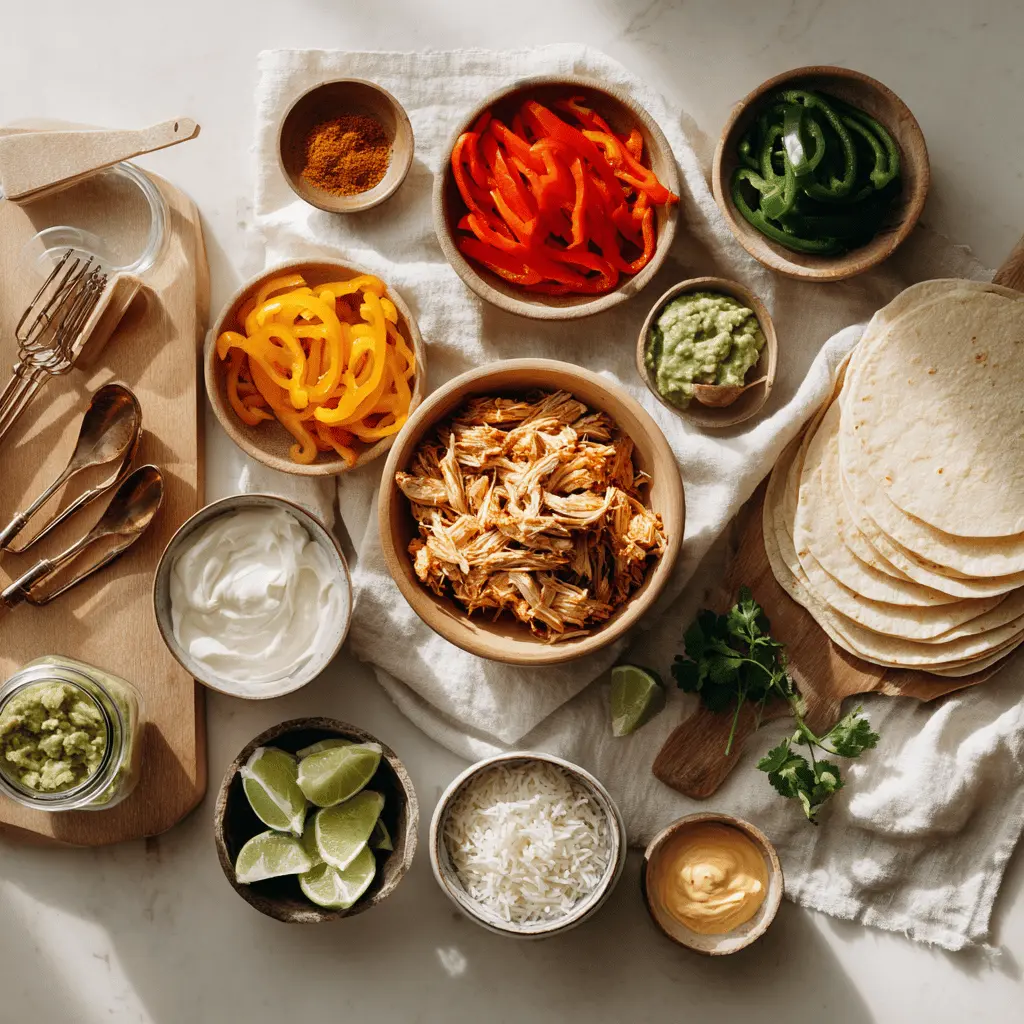Easy Slow Cooker Chicken Fajitas with shredded chicken peppers rice guacamole lime fresh herbs