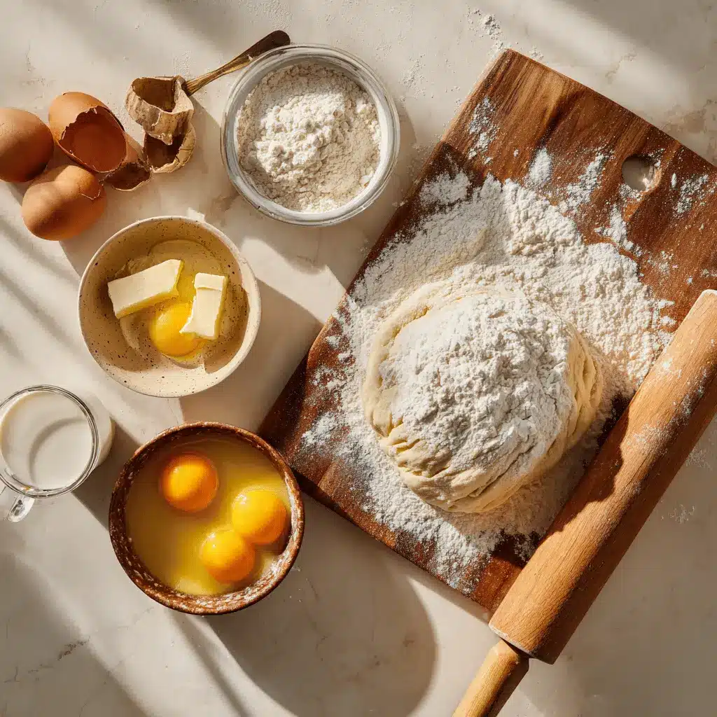 Flaky Sourdough Croissants: Perfect Homemade Layers Every Time 4 Flaky Sourdough Croissants on white napkin with water, clean and warm setup