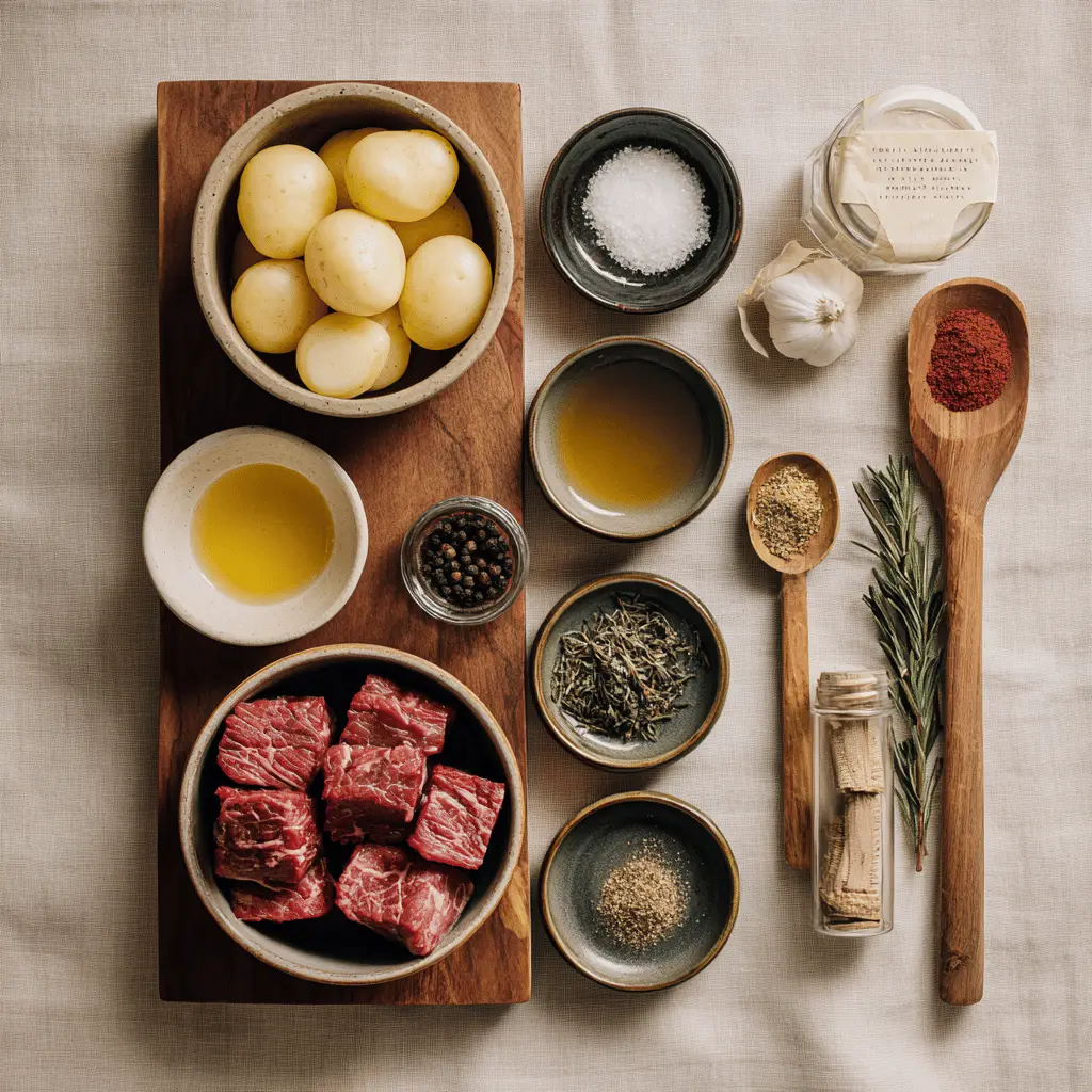 Garlic Butter Beef Bites Potatoes plated with roasted baby potatoes and garlic butter glaze