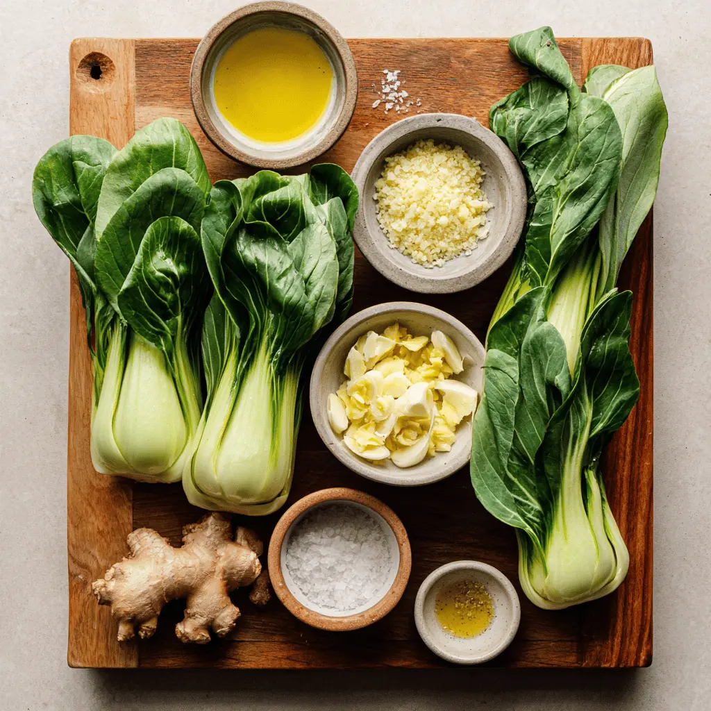Garlic Ginger Bok Choy plated with vibrant greens, warm tones, and soft natural lighting.