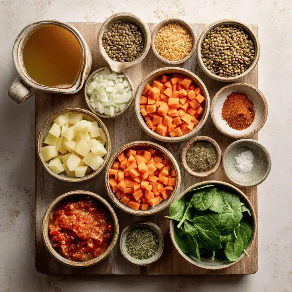Hearty Lentil and Potato Soup styled for a cozy and inviting presentation
