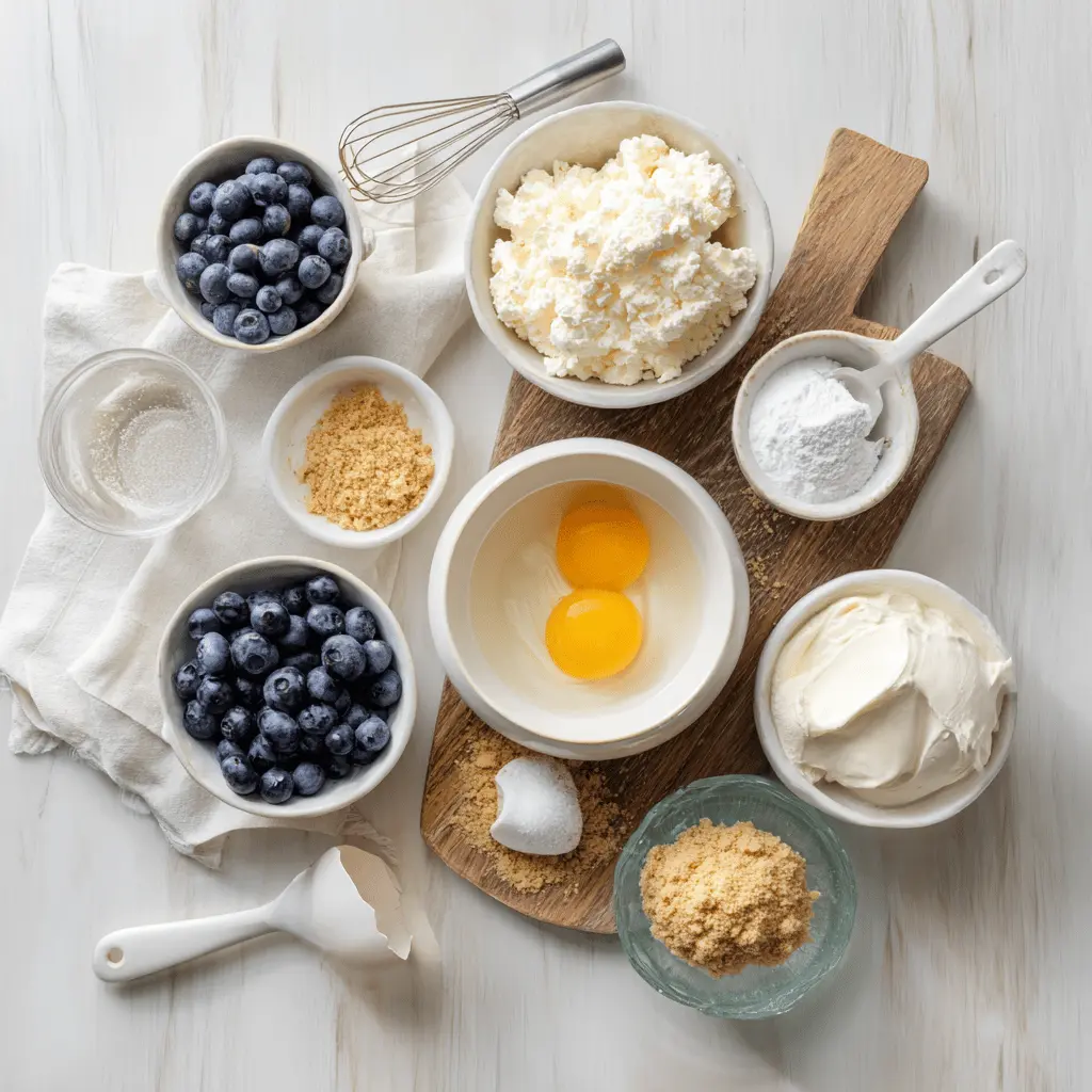 High Protein Blueberry Cottage Cheese Bake plated on white cloth with fresh blueberries and graham crumbs
