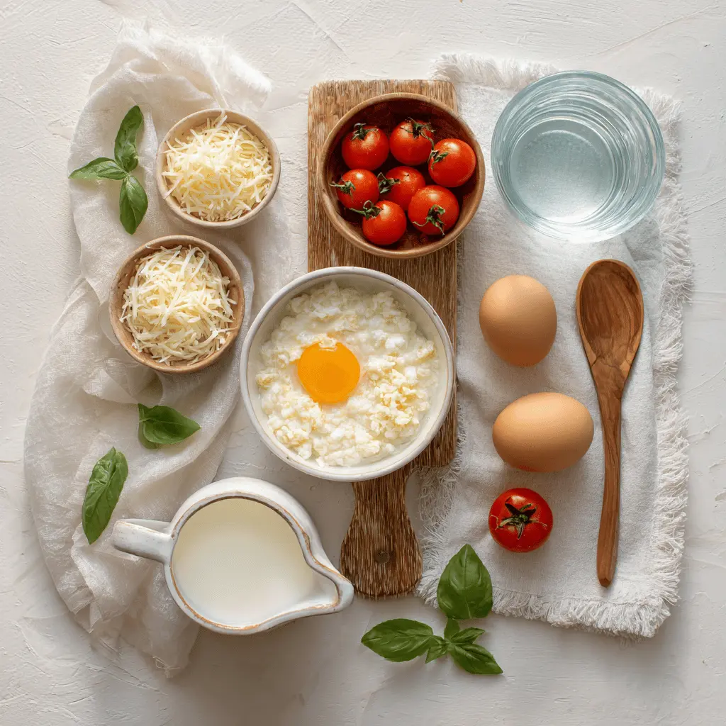 High Protein Egg Casserole golden baked with cherry tomatoes and basil in warm natural light