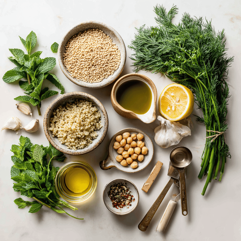 Lemon Herb Quinoa with Chickpeas beautifully presented on a white napkin with a glass of water