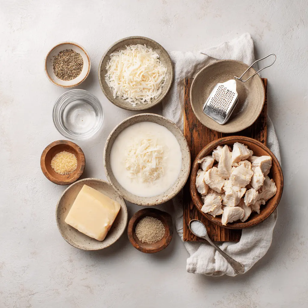 Melt In Your Mouth Chicken Breast plated with creamy white sauce and grated hard cheese warm lighting