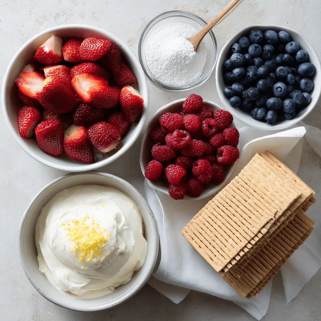 No Bake Summer Berry Lasagna beautifully layered with mascarpone and fresh summer berries.