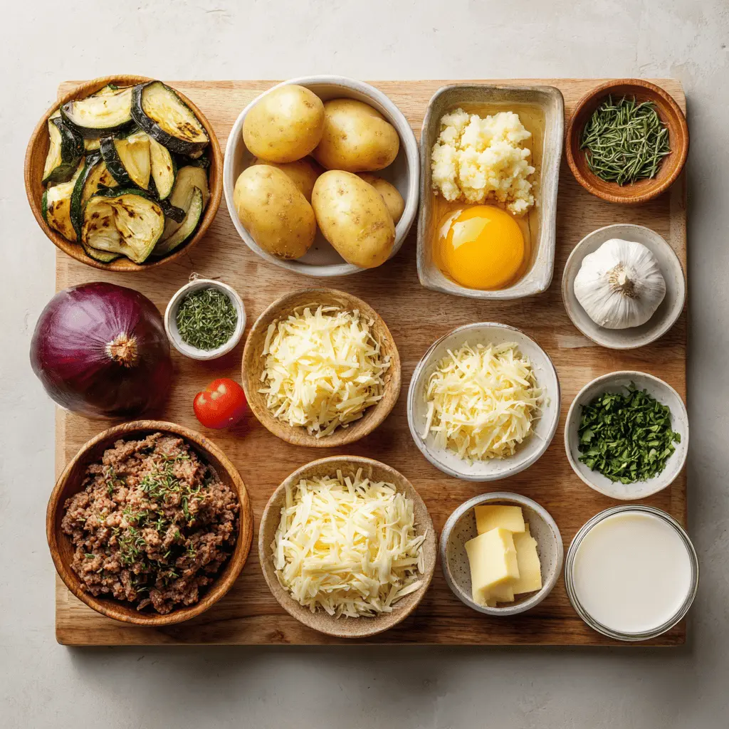 Outrageously Delicious Greek Moussaka with golden topping fresh herbs clean white napkin