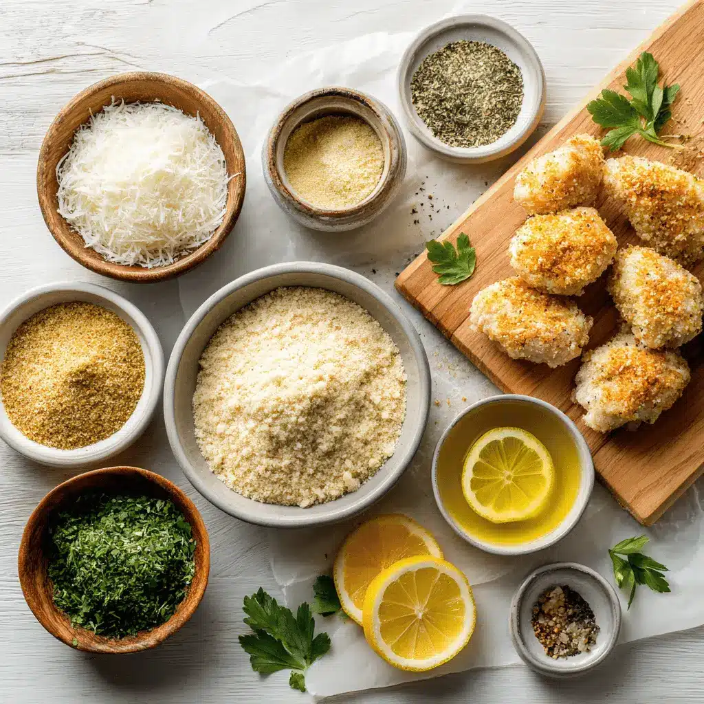 Golden Parmesan Crusted Chicken with lemon wedges and fresh herbs on a crisp white napkin.