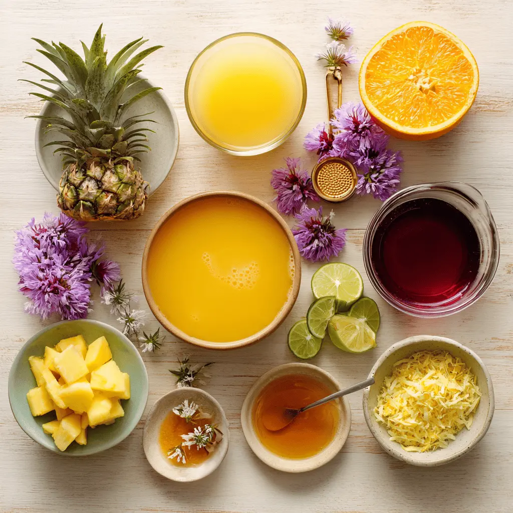 Pineapple Mango Rum Punch in a vibrant tropical setup with garnishes