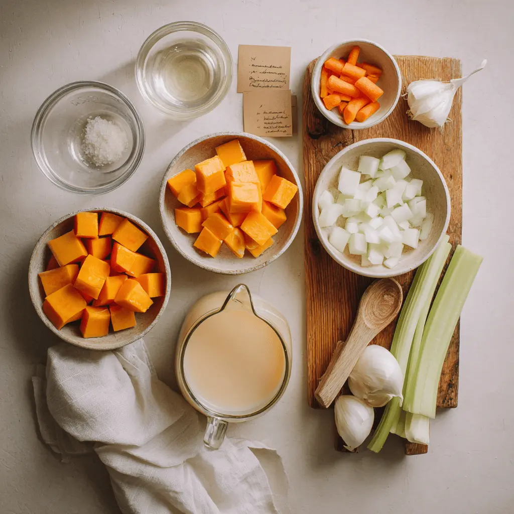 Pumpkin Soup Simple and Comforting creamy bowl on white cloth with glass of water