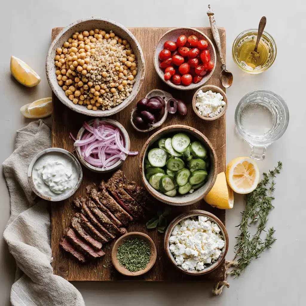 Quick Easy Mediterranean Steak Bowl Recipe with sirloin steak, roasted chickpeas, feta and tzatziki