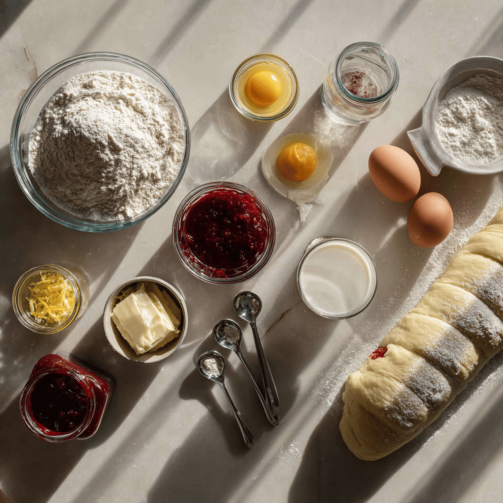 Ingredients for Raspberry Swirl Brioche neatly arranged on clean surface