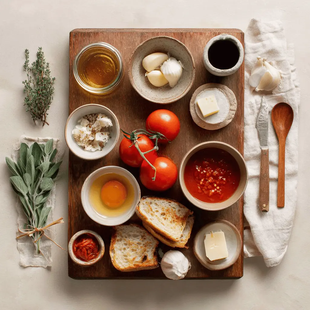 Roasted Tomato Soup with Tomatoes in bowl with grilled cheese basil under warm natural light