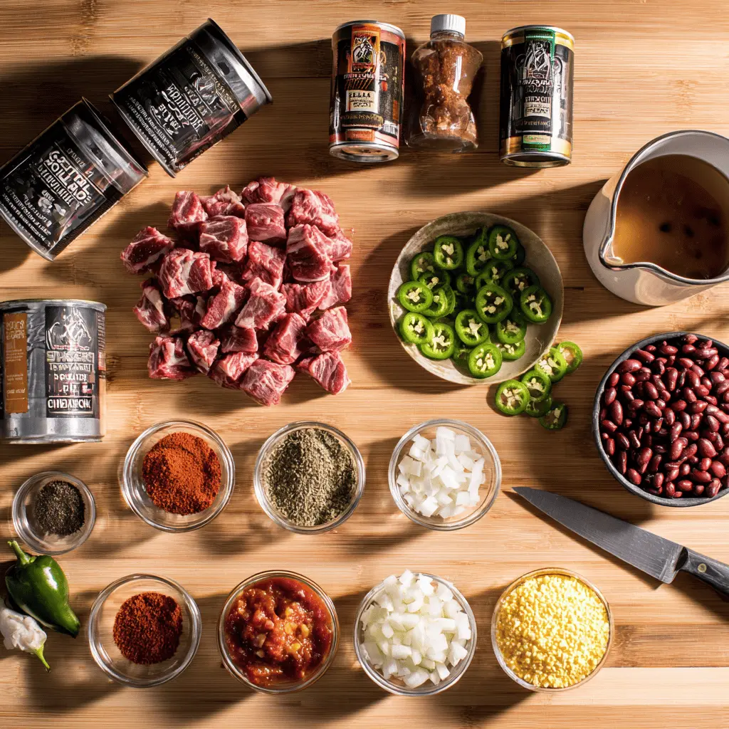 Short Rib and Chorizo Chili served with toppings in a rustic bowl, styled on white napkin.