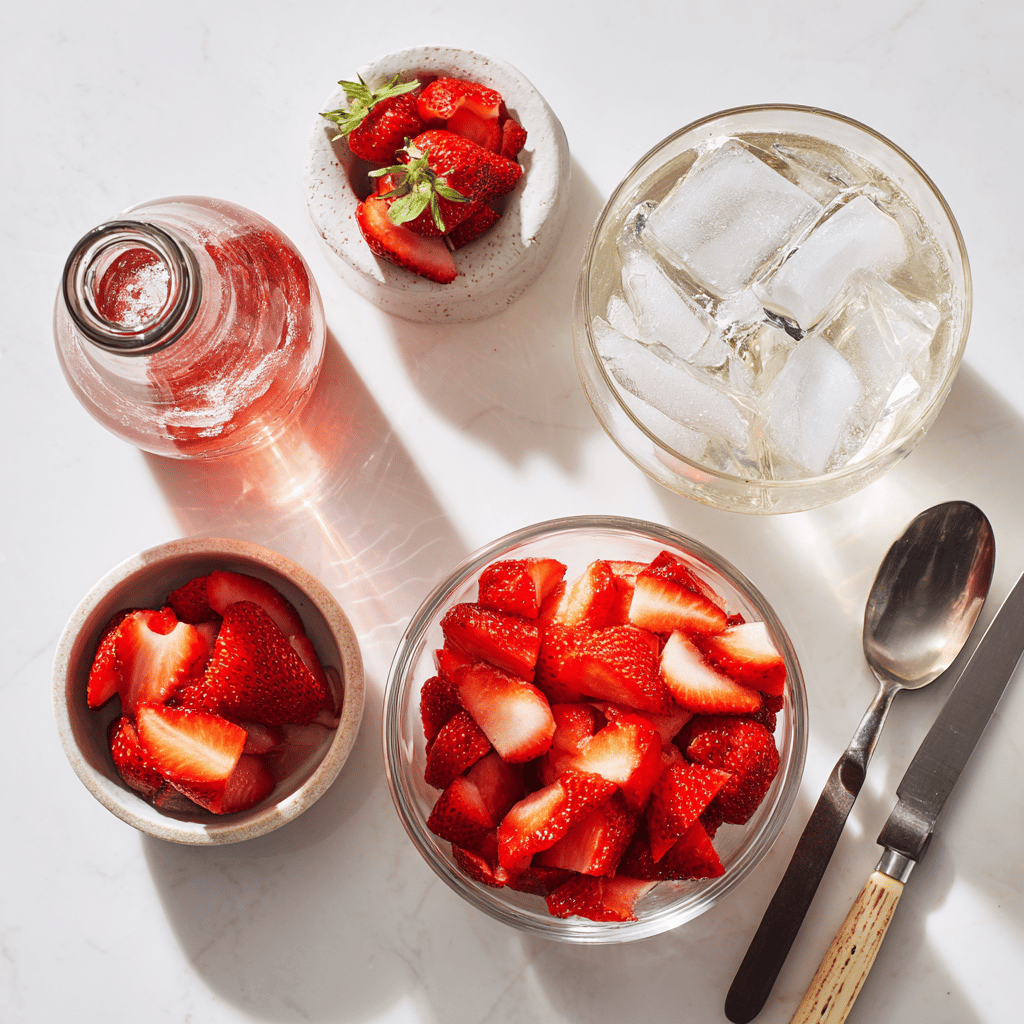 Strawberry Dirty Sprite in a clear glass with ice, fresh strawberries, and a vibrant summer vibe