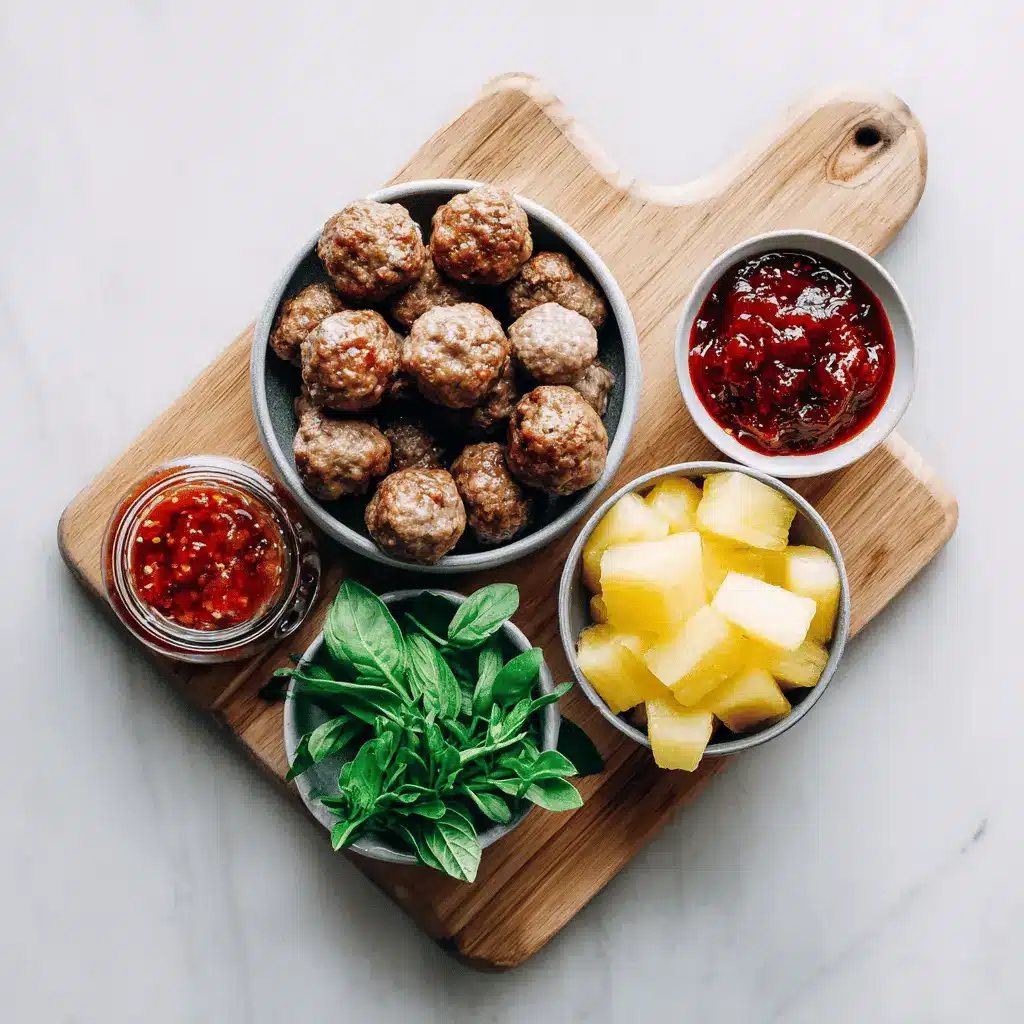 Sweet Chili Meatballs Crockpot in white dish with herbs, pineapple, and a glass of water