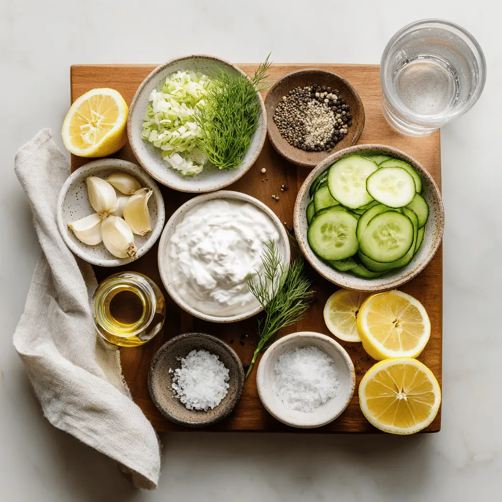 Vegan Tzatziki in ceramic bowl with cucumber dill lemon and olive oil drizzle
