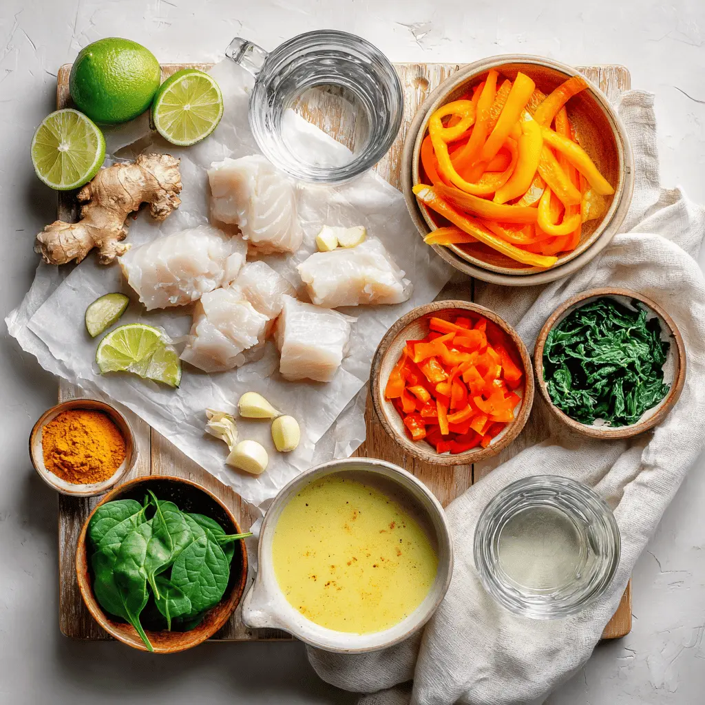 Zesty Coconut Lime Fish Soup in creamy broth garnished with lime zest and herbs