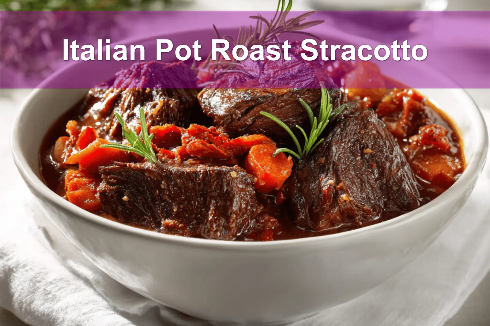 Italian Pot Roast Stracotto in rustic bowl on white cloth napkin with glass of water